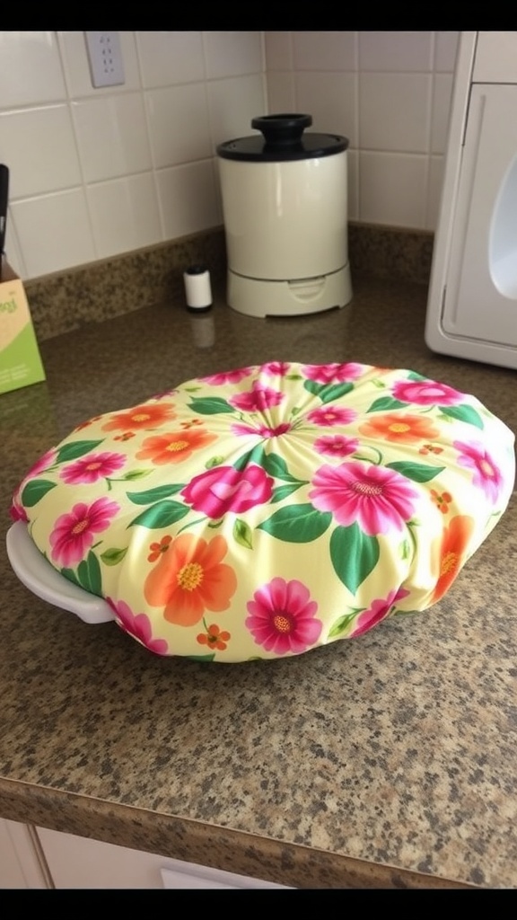A vibrant casserole dish cover with floral design on a kitchen counter.
